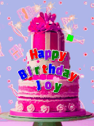 Happy Birthday Joy GIF: A big beautiful birthday cake gif with falling confetti, sparklers, and balloons, reads Happy Birthday Name. Customize it.