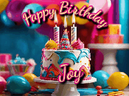 Happy Birthday Joy GIF: Animated birthday gif with a beautiful colorful birthday can and sparkles in the air. It reads Happy Birthday Customize.