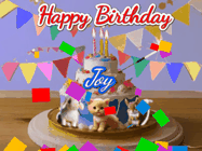 Happy Birthday Joy GIF: Happy Birthday Cake GIF with a cat, lamb, and squirrel on the cake with flickering candles, a sparkler, and falling confetti. Reads Happy Birthday Name and you can customize the name