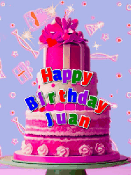 Happy Birthday Juan GIF: A big beautiful birthday cake gif with falling confetti, sparklers, and balloons, reads Happy Birthday Name. Customize it.