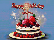 Happy Birthday Juan GIF: Animated GIF of a birthday cake covered in berries with 2 sparklers and a candle, reads Happy Birthday Name. Customize it.
