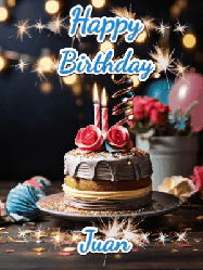 Happy Birthday Juan GIF: Sparkles and glitter happy birthday gif with a cake and flickering candles and sparklers behind the words happy birthday customize