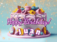 Happy Birthday Juan GIF: A beautiful birthday cake gif with animated sparkles and glitter Happy Birthday Name you can customize
