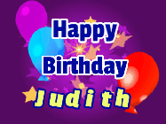 Happy Birthday Judith GIF: A lovely purple birthday gif animated with moving text, a balloon, and bubbles. Customize it.