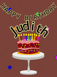 Happy Birthday Judith GIF: Animated birthday gif of a chocolate cartoon cake and stars. Animated text can be customized with name.