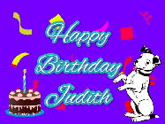 Happy Birthday Judith GIF: Silly happy birthday gif with a cute dog in a corner and rainbow animation confetti. Birthday cake in order with candle.