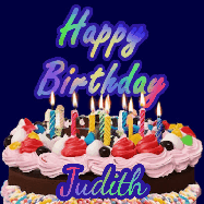 Happy Birthday Judith GIF: A dark blue birthday gif with a beautiful cake with flickering candles, background sparkles and a name to customize.