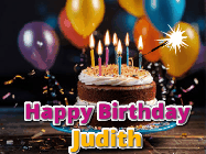 Happy Birthday Judith GIF: A birthday cake with flickering candles gif with text reading Happy Birthday and a Name slot to customize