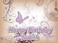 Happy Birthday Judith GIF: Classical birthday gif background with colorful musical notes floating past and a name you can customize, reads Happy Birthday.