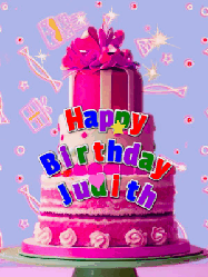Happy Birthday Judith GIF: A big beautiful birthday cake gif with falling confetti, sparklers, and balloons, reads Happy Birthday Name. Customize it.