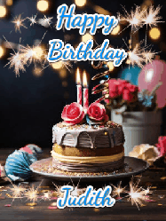 Happy Birthday Judith GIF: Sparkles and glitter happy birthday gif with a cake and flickering candles and sparklers behind the words happy birthday customize
