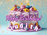 Happy Birthday Judith GIF: A beautiful birthday cake gif with animated sparkles and glitter Happy Birthday Name you can customize