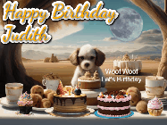 Happy Birthday Judith GIF: Animated birthday gif with a dog at a fancy birthday table loaded with cakes as hearts appear. It reads Happy Birthday Customize.
