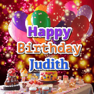 Happy Birthday Judith GIF: Animated happy birthday gif on a bright red glittery background and 3 lines of text reading Happy Birthday Customize