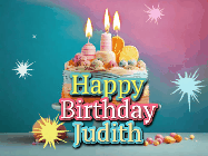 Happy Birthday Judith GIF: A colorful animated Happy Birthday Cake GIF with swirling sparkles and flickering candles. It reads Happy Birthday Name