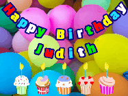 Happy Birthday Judith GIF: Happy birthday animated gif with 5 cupcakes with candles, balloons, and banner text and name you can customize.