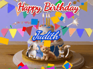 Happy Birthday Judith GIF: Happy Birthday Cake GIF with a cat, lamb, and squirrel on the cake with flickering candles, a sparkler, and falling confetti. Reads Happy Birthday Name and you can customize the name
