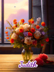 Happy Birthday Judith GIF: A vase of flowers and animated hearts pop in and out as the words Happy Birthday Name appears that you can customize