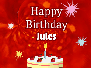 Happy Birthday Jules GIF: A bright red happy birthday gif animated with a cake candle, and glitter and sparkles. Customize with name.