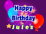 Happy Birthday Jules GIF: A lovely purple birthday gif animated with moving text, a balloon, and bubbles. Customize it.