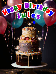 Happy Birthday Jules GIF: Beautiful birthday cake animated gif, a celebration of balloons, confetti, and sparklers. Customize banner and name.