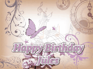 Happy Birthday Jules GIF: Classical birthday gif background with colorful musical notes floating past and a name you can customize, reads Happy Birthday.