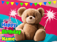 Happy Birthday Jules GIF: A cute birthday teddy bear animated birthday gif with the bear holding sparklers and text to customize.