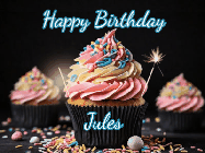 Happy Birthday Jules GIF: A delicious cupcake gif with animated sparkles reading Happy Birthday with a name to customize