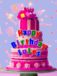 Happy Birthday Jules GIF: A big beautiful birthday cake gif with falling confetti, sparklers, and balloons, reads Happy Birthday Name. Customize it.