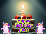 Happy Birthday Jules GIF: An animated gif with 2 unicorns and a birthday candle on a cake.