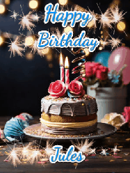 Happy Birthday Jules GIF: Sparkles and glitter happy birthday gif with a cake and flickering candles and sparklers behind the words happy birthday customize