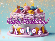 Happy Birthday Jules GIF: A beautiful birthday cake gif with animated sparkles and glitter Happy Birthday Name you can customize