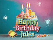 Happy Birthday Jules GIF: A colorful animated Happy Birthday Cake GIF with swirling sparkles and flickering candles. It reads Happy Birthday Name