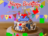 Happy Birthday Jules GIF: Happy Birthday Cake GIF with a cat, lamb, and squirrel on the cake with flickering candles, a sparkler, and falling confetti. Reads Happy Birthday Name and you can customize the name