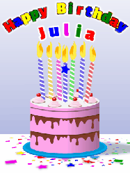 Happy Birthday Julia GIF: Cartoon style happy birthday gif cake with confetti of stars and hearts, and rising balloons. Customize the name.