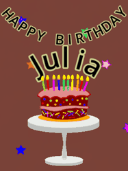 Happy Birthday Julia GIF: Animated birthday gif of a chocolate cartoon cake and stars. Animated text can be customized with name.