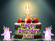 Happy Birthday Julia GIF: An animated gif with 2 unicorns and a birthday candle on a cake.