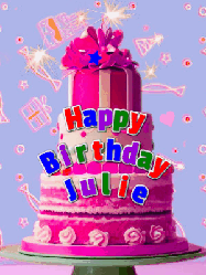 Happy Birthday Julie GIF: A big beautiful birthday cake gif with falling confetti, sparklers, and balloons, reads Happy Birthday Name. Customize it.
