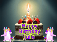 Happy Birthday Julie GIF: An animated gif with 2 unicorns and a birthday candle on a cake.
