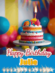 Happy Birthday Julie GIF: A birthday card gif with a cake and candle and a blue ribbon with animated sparklers. Reads Happy Birthday Name