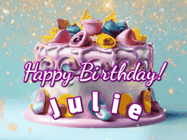Happy Birthday Julie GIF: A beautiful birthday cake gif with animated sparkles and glitter Happy Birthday Name you can customize