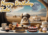 Happy Birthday Julie GIF: Animated birthday gif with a dog at a fancy birthday table loaded with cakes as hearts appear. It reads Happy Birthday Customize.