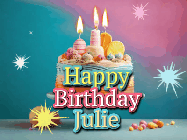 Happy Birthday Julie GIF: A colorful animated Happy Birthday Cake GIF with swirling sparkles and flickering candles. It reads Happy Birthday Name