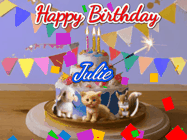 Happy Birthday Julie GIF: Happy Birthday Cake GIF with a cat, lamb, and squirrel on the cake with flickering candles, a sparkler, and falling confetti. Reads Happy Birthday Name and you can customize the name