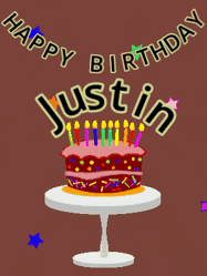 Happy Birthday Justin GIF: Animated birthday gif of a chocolate cartoon cake and stars. Animated text can be customized with name.