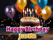 Happy Birthday Justin GIF: A birthday cake with flickering candles gif with text reading Happy Birthday and a Name slot to customize