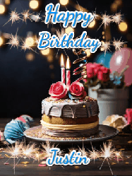 Happy Birthday Justin GIF: Sparkles and glitter happy birthday gif with a cake and flickering candles and sparklers behind the words happy birthday customize