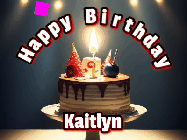 Happy Birthday Kaitlyn GIF: Animated happy birthday gif with a cake and flickering candles with colorful falling confetti and text reading Happy Birthday