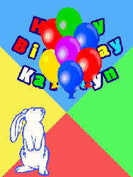 Happy Birthday Kaitlyn GIF: Birthday gif animated with a cute bunny rabbit curious about some birthday balloon that float up revealing birthday wish.