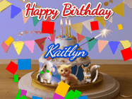 Happy Birthday Kaitlyn GIF: Happy Birthday Cake GIF with a cat, lamb, and squirrel on the cake with flickering candles, a sparkler, and falling confetti. Reads Happy Birthday Name and you can customize the name